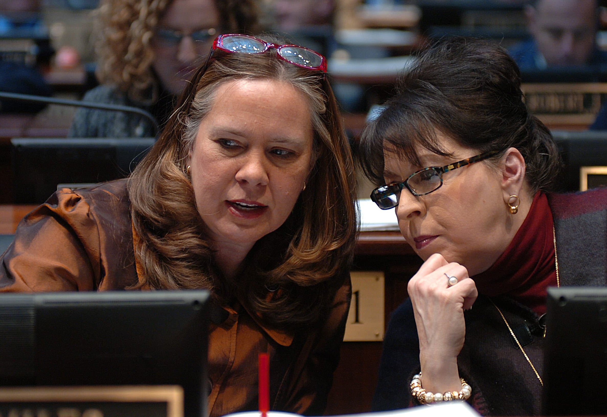 Suzanne Miles in legislative conversation with colleague